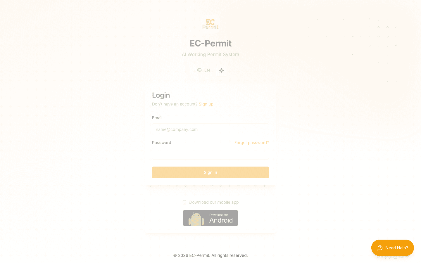 EC-Permit login page with email, password, and sign-in button
