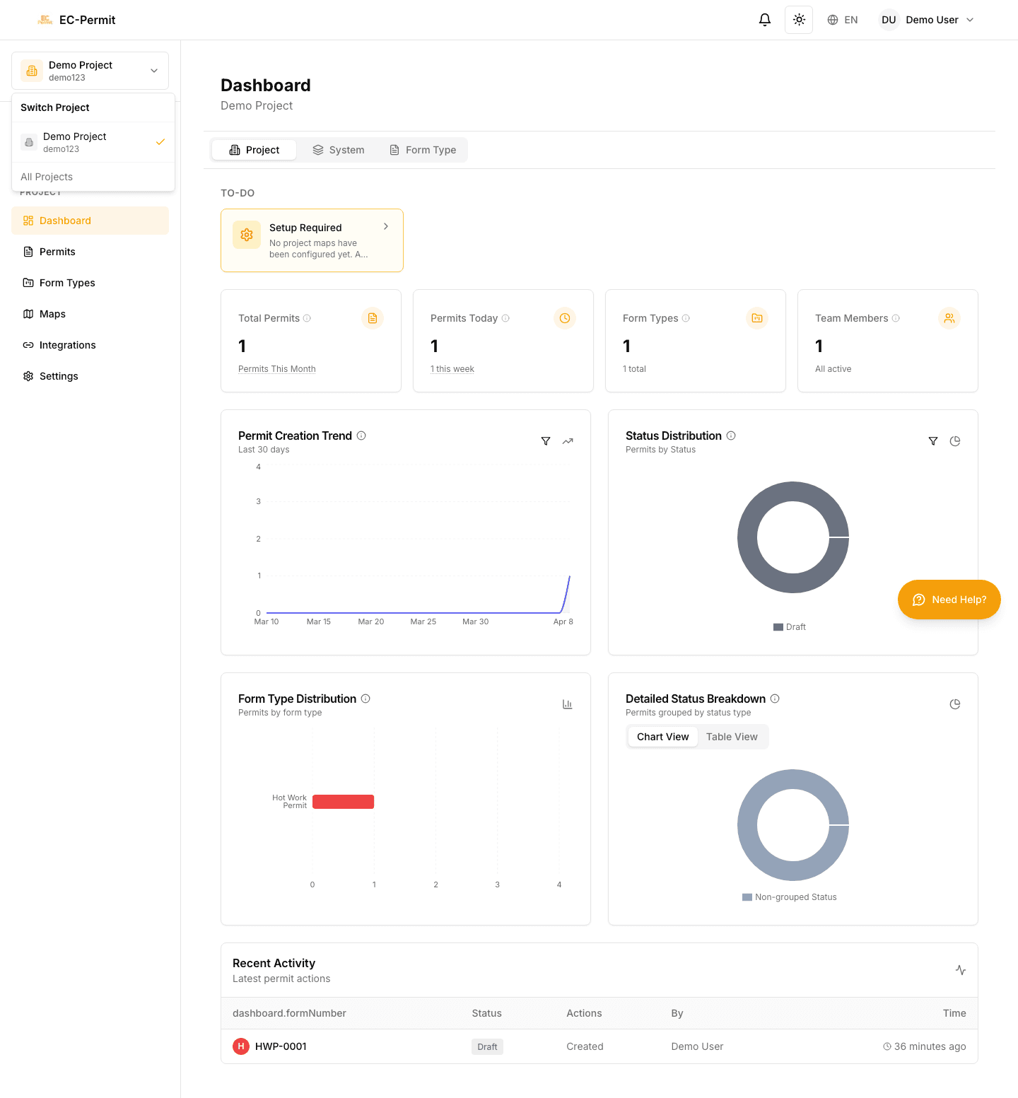 Sidebar project switcher dropdown listing projects to switch between