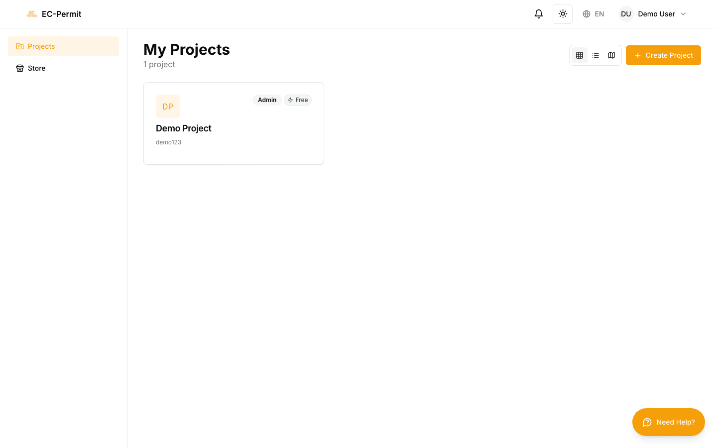 EC-Permit projects page with project cards in grid view