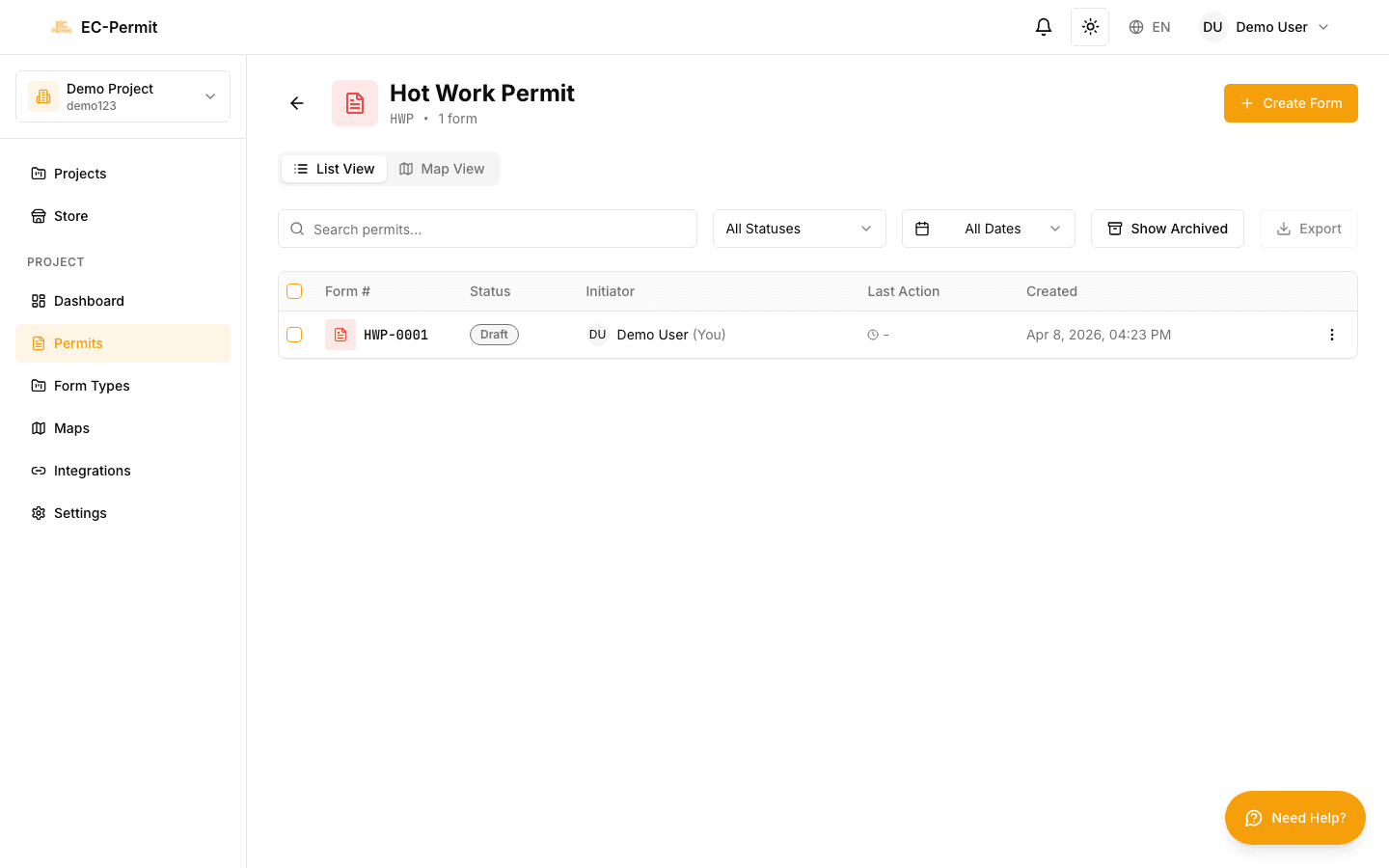 Forms list table with status column showing color-coded status badges