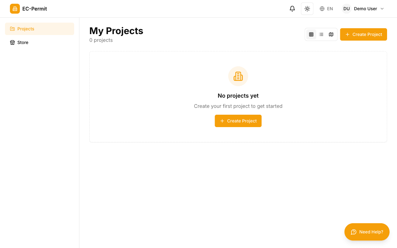 EC-Permit main application interface showing the sidebar navigation and projects view