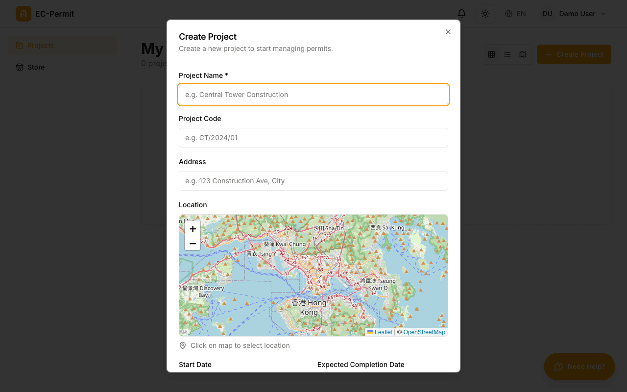 Create Project dialog showing form fields