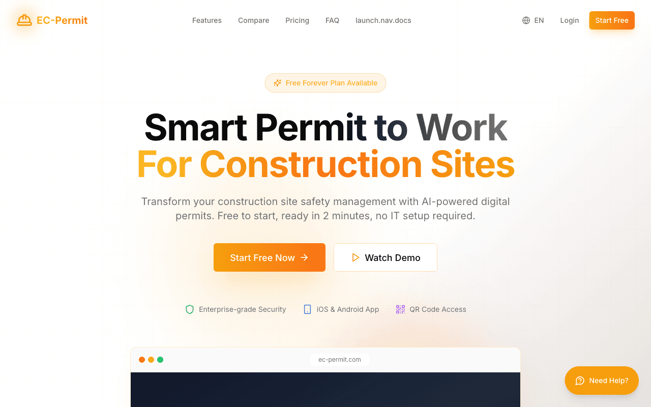 EC-Permit landing page showing the main tagline and call-to-action buttons