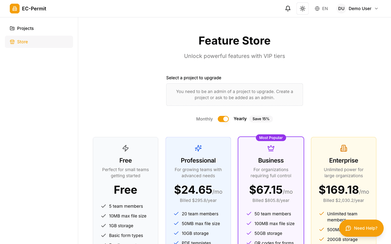 EC-Permit Feature Store showing Free, Professional, Business, and Enterprise tiers
